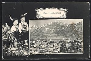 Bild des Verkufers fr Ansichtskarte Bad Reichenhall, Ortsansicht bei Tag, Zwei kleine Jungen am Wandern zum Verkauf von Bartko-Reher