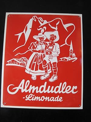 "Almdudler-Limonade" Werbeschild aus Kunststoff mit 4 eingestanzten Ecklöcher zur Außenmontage.