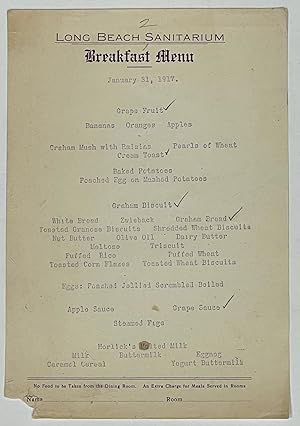 LONG BEACH SANITARIUM. Breakfast Menu. January 31, 1917