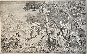 Antique print, etching | Arcadic scene with nymphs and satyrs, published ca. 1730, 1 p.