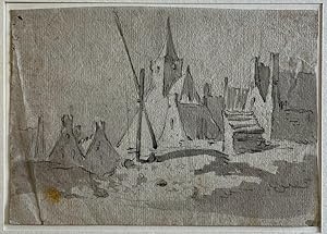 Antique drawing | View on houses and a church beyond a dune, ca. 1790, 1 p.