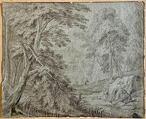 Antique drawing | Hilly wooded landscape, ca. 1680, 1 p.