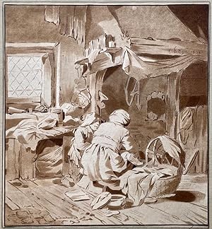 Antique printdrawing | Interior with two women, published ca. 1780, 1 p.