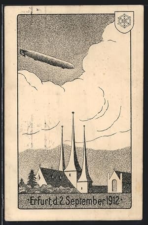 Künstler-Ansichtskarte Erfurt, Zeppelin über der Stadt am 2. September 1912, Wappen