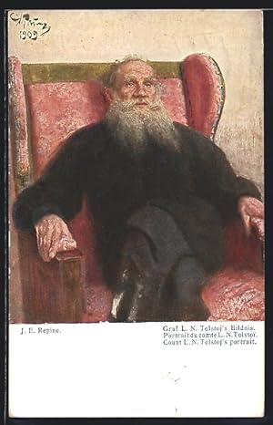 Bild des Verkufers fr Knstler-Ansichtskarte Leo Graf Tolstoi sitzt in einem Sessel zum Verkauf von Bartko-Reher