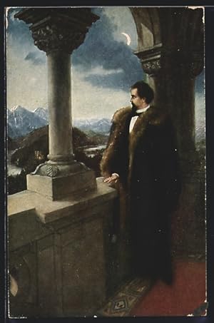 Bild des Verkufers fr Ansichtskarte Portrait Knig Ludwig II. von Terrasse auf weites Tal blickend zum Verkauf von Bartko-Reher