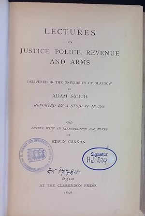 Seller image for Lectures on Justice, Police, Revenue and Arms. for sale by books4less (Versandantiquariat Petra Gros GmbH & Co. KG)
