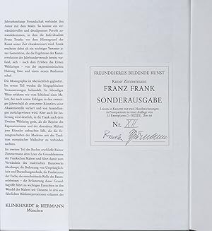 Seller image for Franz Frank ( 1897 Kirchheim unter Teck   1986 Marburg).Leben und Werk des Malers. Vorzugsausgabe fr den Freundeskreis Bildende Kunst in 33 vom Autor und vom Knstler handschriftlich signierten Exemplaren. Enthlt 1 Orig.- Aquarell und 1 Handzeichnung (mit Bleistift ausgefhrt), die, mit Passepartout versehen, der Ausgabe beiliegen.Die Zeichnung (21 x14 cm) ist auf den 3.2.(19)68 datiert und signiert und zeigt einen Zeitungsleser. Das Aquarell (21 x 13,2 cm) stammt vom 11.2.(19)60 und stellt ein lteres Paar, auf einer Bank sitzend, im Kurpark von Salzschlirf dar. Die Mae der Werke mit Passepartout sind jeweils 38 x 32 cm. Dieses Exemplar trgt die Nummer XII. for sale by Kunstantiquariat Piesk