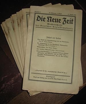 Imagen del vendedor de Die Neue Zeit. 37. Jahrgang 2. Band 1919. Fast kompletter Jahrgang von 25 Heften aus dem Zeitraum 11.4.1919 - 26.9.1919. Es liegen lckenlos vor: Nummer 2 - 26 : Wochenschrift der deutschen Sozialdemokratie. Beispiele aus dem Inhalt: Georg Flatow: Das Recht des Arbeitsvertrags seit der Revolution / H. Cornell: Zur neuesten Marx-Literatur / Neue Schriften zum Vlkerbund und Vlkerrecht / Adele Schreiber: Die Mitarbeit der Frau in der inneren Politik / Heinrich Cunow: Die Versailler Friedensbedingungen u.v.a. a la venta por Antiquariat Carl Wegner