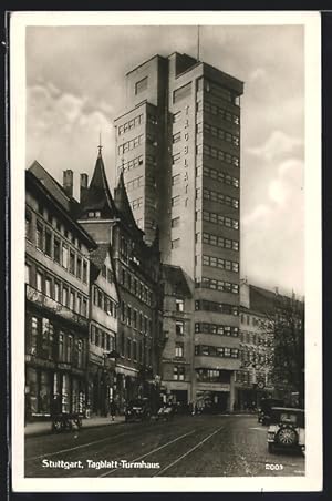 Ansichtskarte Stuttgart, Tagblatt-Turmhaus mit Strasse, Bauhaus