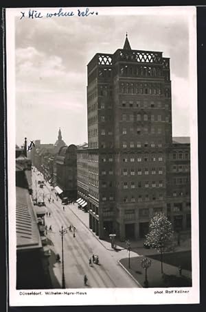 Ansichtskarte Düsseldorf, Wilhelm Marx-Haus mit Strasse, von oben gesehen, Bauhaus