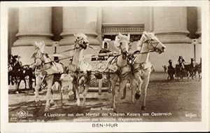 Ansichtskarte / Postkarte Schauspieler Ramon Novarro, Filmszene aus Ben Hur, Lippizaner, Wagenren...