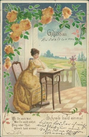 Ansichtskarte Prägekarte um 1910 (9886) Dame Schreibtisch Blumen