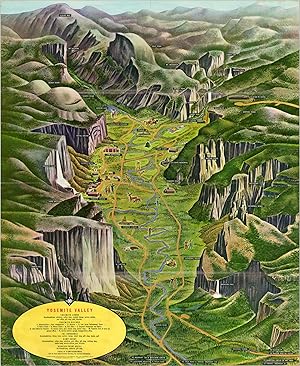 Imagen del vendedor de Yosemite Valley Stylized bird's eye view of Yosemite Valley in California. a la venta por Curtis Wright Maps