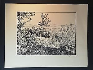 Original Holzschnitt. Berglandschaft mit Bäumen. Signiert  . Um 1910.