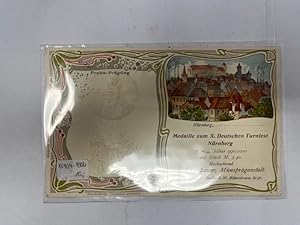 Postkarte Medaille zum X. Deutschen Turnfest Nürnberg gelaufen mit Briefmarke handschriftlicher E...