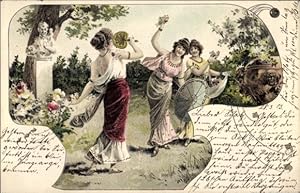 Bild des Verkufers fr Litho Frauen in historischer Kleidung in einem Garten zum Verkauf von akpool GmbH