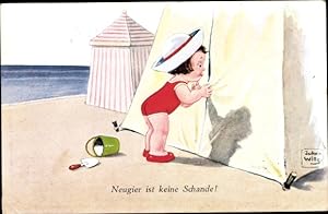 Bild des Verkufers fr Knstler Ansichtskarte / Postkarte Wills, John, Neugier ist keine Schande, Mdchen schaut in Strandzelt zum Verkauf von akpool GmbH