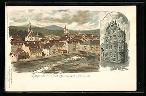 Bild des Verkufers fr Knstler-Lithographie Carl Mnch: Gernsbach i. Murgthal, Ortsansicht und Rathaus zum Verkauf von Bartko-Reher