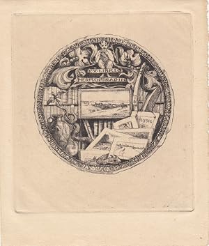 Seller image for Ex Libris Herman T. Radin. Bcher, Bilder und Amphore, oben ein sitzend fltender Gehrnter. for sale by Antiquariat  Braun