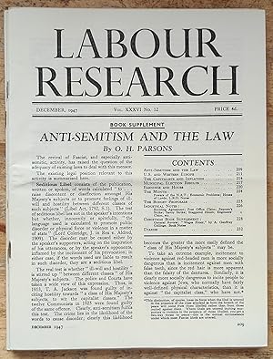 Image du vendeur pour Labour Research December 1947 / Anti-Semitism And The Law / United States And Western Europe / The Capitalists and Inflation / Municipal Election results / Earnings And Hours / The Budget Proposals mis en vente par Shore Books
