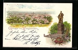 Lithographie Wiesbaden, Panorama vom Rheinblick, Denkmal Kaiser Friedrich III.