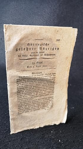 Bild des Verkufers fr Gttingische gelehrte Anzeigen: Unter der Aufsicht der knigl. Gesellschaft der Wissenschaften. 55. Stck. 1814. zum Verkauf von ANTIQUARIAT Franke BRUDDENBOOKS