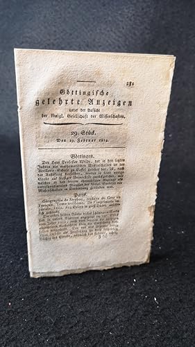 Bild des Verkufers fr Gttingische gelehrte Anzeigen: Unter der Aufsicht der knigl. Gesellschaft der Wissenschaften. 29. Stck. 1814. zum Verkauf von ANTIQUARIAT Franke BRUDDENBOOKS