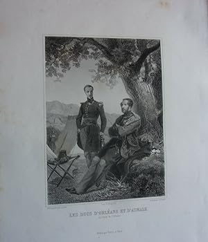 Gravure sur acier 1844 MILITARIA LES DUCS D' ORLEANS ET D' AUMALE AU CAMPS D' AFROUN