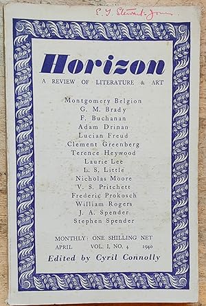 Imagen del vendedor de Horizon - A review of Literature and Art - April 1940 Volume 1 Number 4 / Stephen Spender "The Essential Housman" / Frederic Prokosch "Sunburned Ulysees" / J A Spender "Letter to a Nephew" / Laurie Lee "A Moment Of War" (poem) / Nicholas Moore "The Light Days" / Clement Greenberg "Avant-Garde And Kitsch" / V S Pritchett "The Saint" / Montgomery Belgion "French Chronicle" a la venta por Shore Books