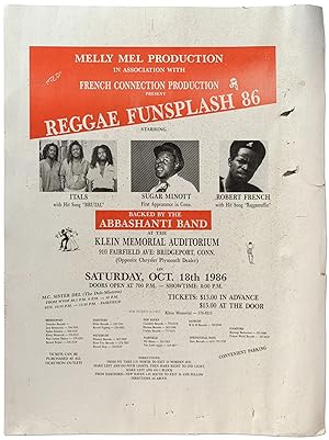 Bild des Verkufers fr [Poster]: Melly Mel Production, in Association with French Connection Production Present: Reggae Funsplash 86. Starring Itals, Sugar Minott, [and] Robert French, Backed by the Abbashanti Band. At the Klein Memorial Auditorium. on Saturday, Oct. 18 1986 zum Verkauf von Between the Covers-Rare Books, Inc. ABAA