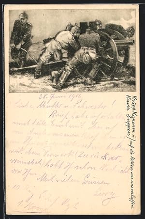 Ansichtskarte Soldaten mit Kanone, Reklame für Krupp Kanonen und Knorr-Suppen