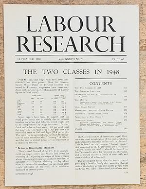 Bild des Verkufers fr Labour Research September 1948 / The Two Classes In 1948 / The American Inflation/ Maurice Dobb "Production Policy: Standardisation Or Variety" / Coal Board Report / Management and the Human Factor / Productivity - for whom? zum Verkauf von Shore Books