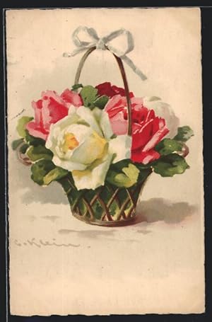 Bild des Verkufers fr Knstler-Ansichtskarte Catharina Klein: Krbchen mit roten und weissen Rosen zum Verkauf von Bartko-Reher