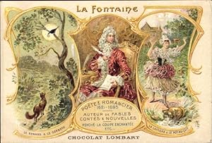 Litho Schriftsteller Jean de La Fontaine, Reklame, Chocolat Lombart, La Renard et le Corbeau