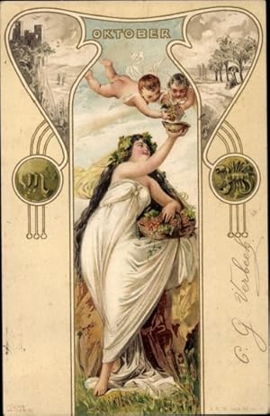 Jugendstil Litho Oktober, Allegorie, Ernte, Engel