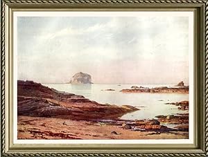 The Bass Rock from Beach on Coast of Haddingtonshire in Scotland ,Vintage Watercolor Print