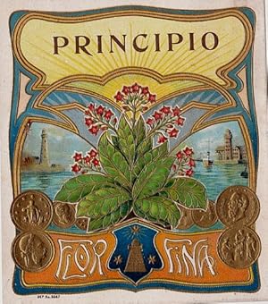 Principio. Flor Fina. Farbige Lithographie mit Goldprägung und Jugendstildekor.