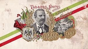 Tabacos Puros. Flor de Mexico. Farbige Lithographie mit Goldprägung.