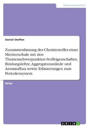 Immagine del venditore per Zusammenfassung des Chemiestoffes einer Meisterschule mit den Themenschwerpunkten Stoffeigenschaften, Bindungslehre, Aggregatszustnde und Atomaufbau sowie Erluterungen zum Periodensystem venduto da BuchWeltWeit Ludwig Meier e.K.