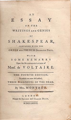 Seller image for An Essay on the Writings and Genius of Shakespear, Compared with the Greek and French Dramatic Poets. for sale by Pages For Sages