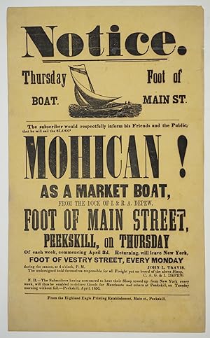 Notice. Thursday Boat, Foot of Main St. the Sloop Mohican! (Peekskill)