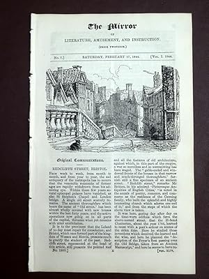 Seller image for The Mirror of Literature, Amusement and Instruction. February 1844. No 7, Redcliffe Street Bristol, Dr Serney Electric Current discovery, Riembauer - The Saintly Murderer, The Noble House of Hawke with engraving of Coat of Arms. for sale by Tony Hutchinson