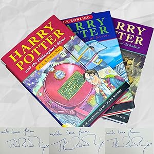 Imagen del vendedor de Harry Potter and the Philosopher's Stone, Chamber of Secrets & Prisoner of Azkaban, Hardback First UK Editions, Later Printings, All Signed and inscribed by J.K. Rowling 'To Chris' Bloomsbury, Fine a la venta por Potter Rare Books