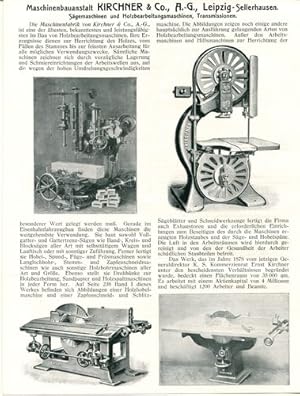 Seller image for Maschinenbauanstalt Kirchner & Co., AG, Leipzig-Sellershausen - Firmenwerbung 1911. Sgemaschinen und Holzbearbeitungsmaschinen, Transmissionen. for sale by Antiquariat Ralf Rindle