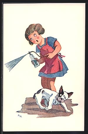 Bild des Verkufers fr Ansichtskarte Kleine Hausfrau mit noch nicht stubenreinem Hund zum Verkauf von Bartko-Reher