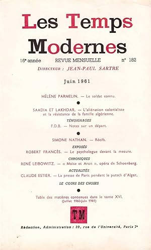 Image du vendeur pour Les Temps Modernes : 16e anne, numro 182 de Juin 1961 mis en vente par Aberbroc