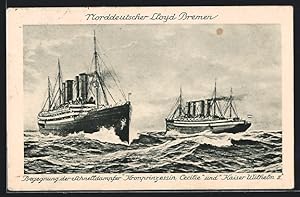 Bild des Verkufers fr Ansichtskarte Passagierschiff Kronprinzessin Cecilie und Passagierschiff Kaiser Wilhelm II. begegnen sich auf hoher See zum Verkauf von Bartko-Reher