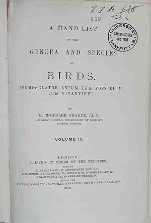Bild des Verkufers fr A Hand-List of the Genera and Species of Birds: VOLUME IV. zum Verkauf von books4less (Versandantiquariat Petra Gros GmbH & Co. KG)