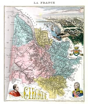 LA FRANCE. Detailed map of the region ca. 35 miles around Bordeaux, including Medoc and Gironde...